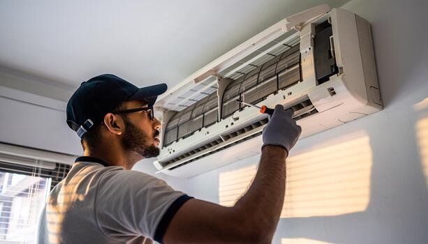 professional air conditioner repair technician using screwdriver for split system maintenance photo