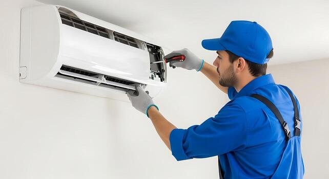 technician repairing white wall mounted air conditioner in modern indoor setting free photo